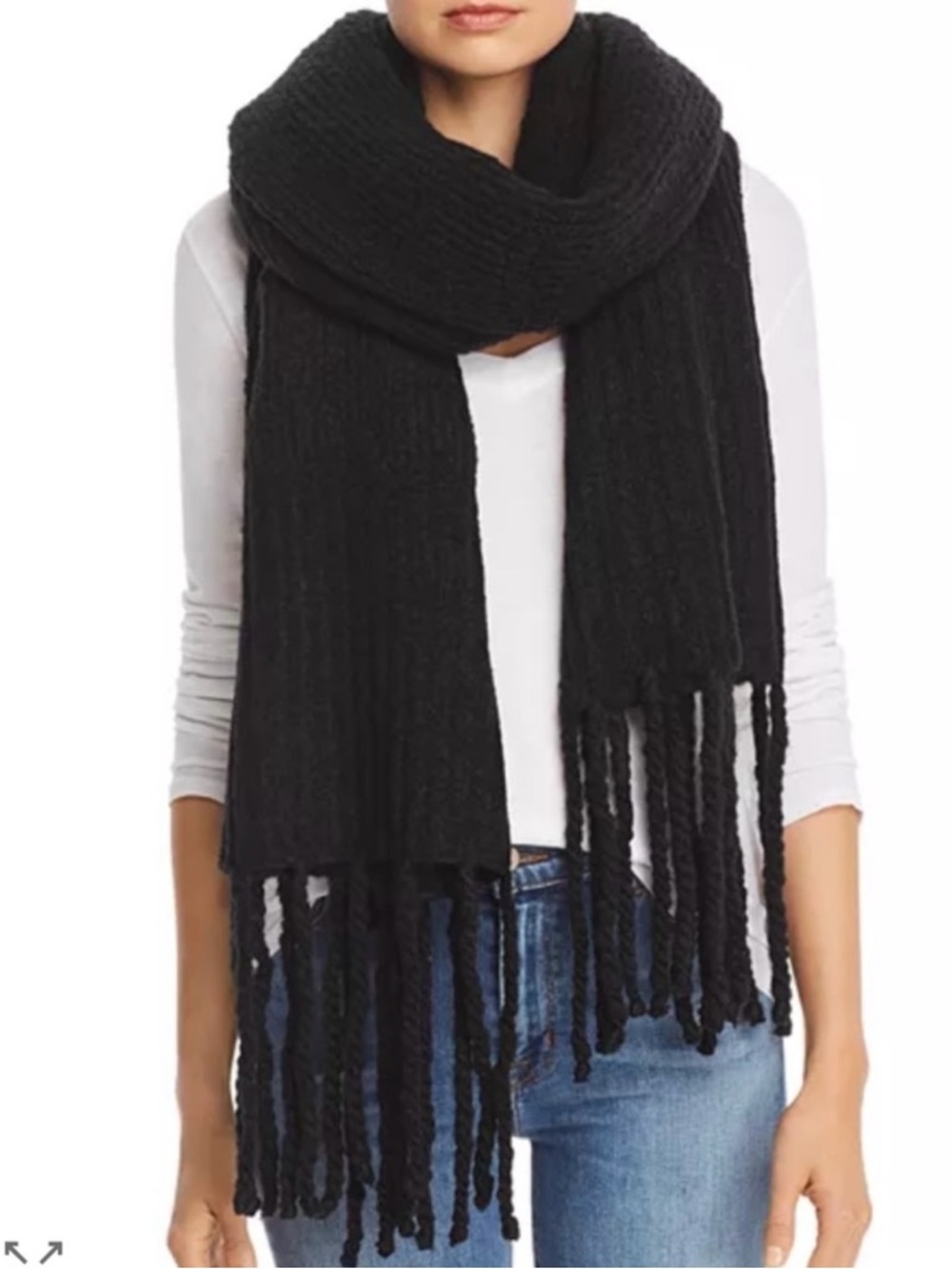 Free People Jaden Ribbed Fringe Blanket Scarf Cozy Black Knit
